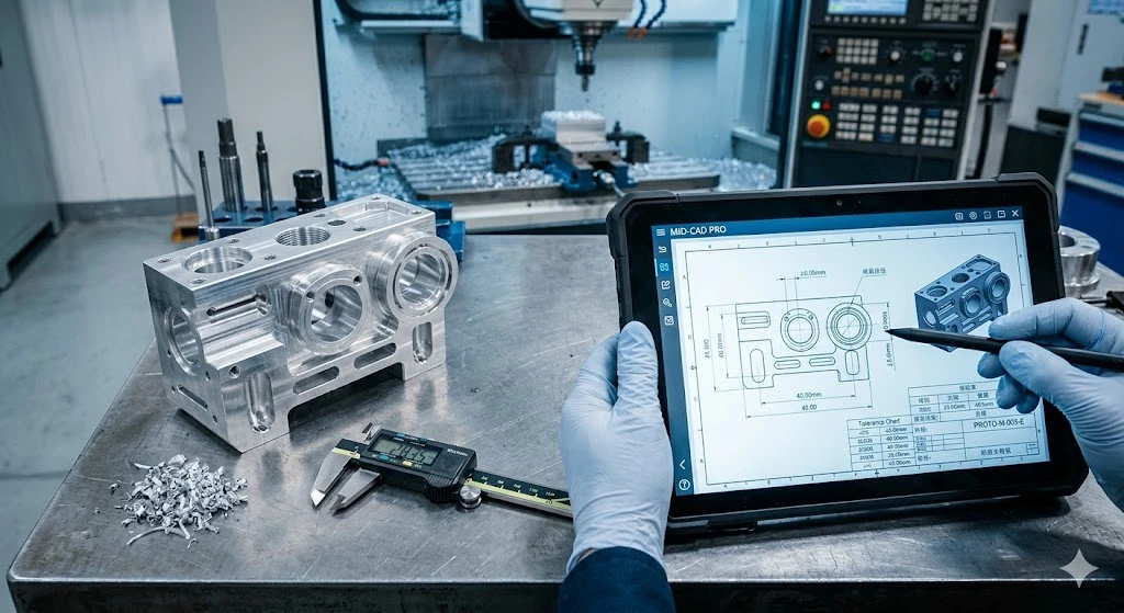 Engineer reviewing a technical blueprint alongside a complex CNC machined prototype. Engineer reviewing a technical blueprint alongside a complex CNC machined prototype.