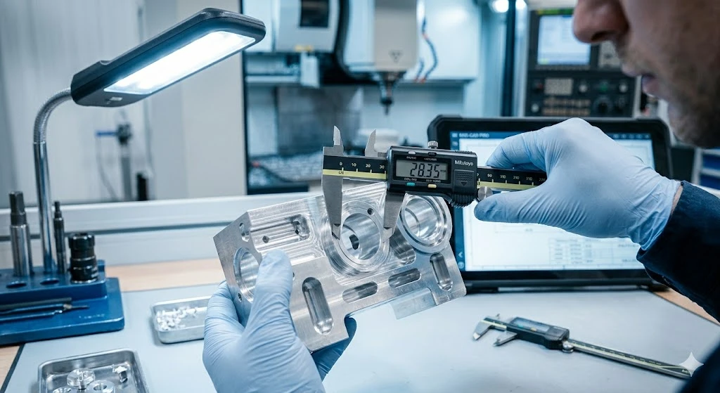 Quality inspection of a CNC machined prototype using digital measuring equipment. Quality inspection of a CNC machined prototype using digital measuring equipment.