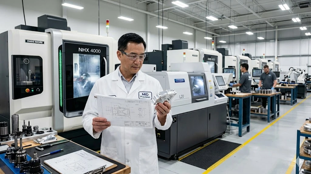 Engineer reviewing technical drawings and precision CNC machined parts on the shop floor Engineer reviewing technical drawings and precision CNC machined parts on the shop floor