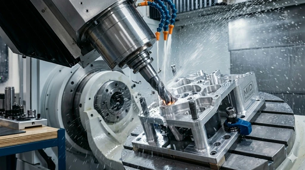 Simultaneous 5-axis CNC machining process cutting a complex aerospace component