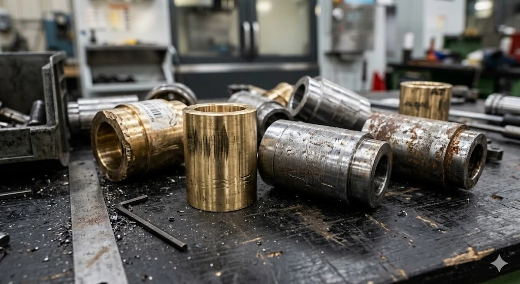Close-up of failed machined brass and steel parts showing poor surface finish and defects. Close-up of failed machined brass and steel parts showing poor surface finish and defects.