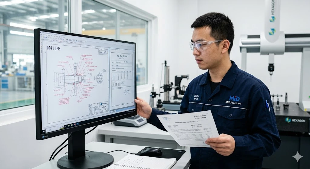 A Quality Engineer reviewing calibration records and a dimensionally ballooned engineering drawing.