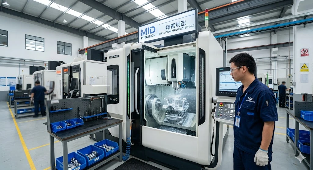 Modern factory showing 5-axis CNC machining with skilled operators and premium equipment.
