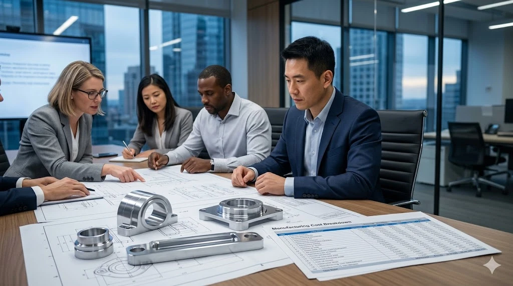 A corporate procurement team reviewing a technical drawing and CNC machining cost breakdown on a conference table alongside precision machined parts.