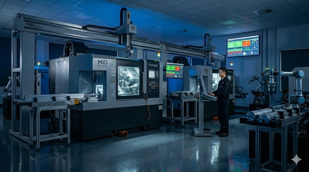 An automated lights-out CNC machining cell featuring robotic arms and rows of advanced high-volume milling equipment.