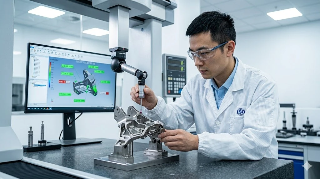 A Chinese quality control engineer operating a coordinate measuring machine to inspect a precision titanium aerospace component. A Chinese quality control engineer operating a coordinate measuring machine to inspect a precision titanium aerospace component.